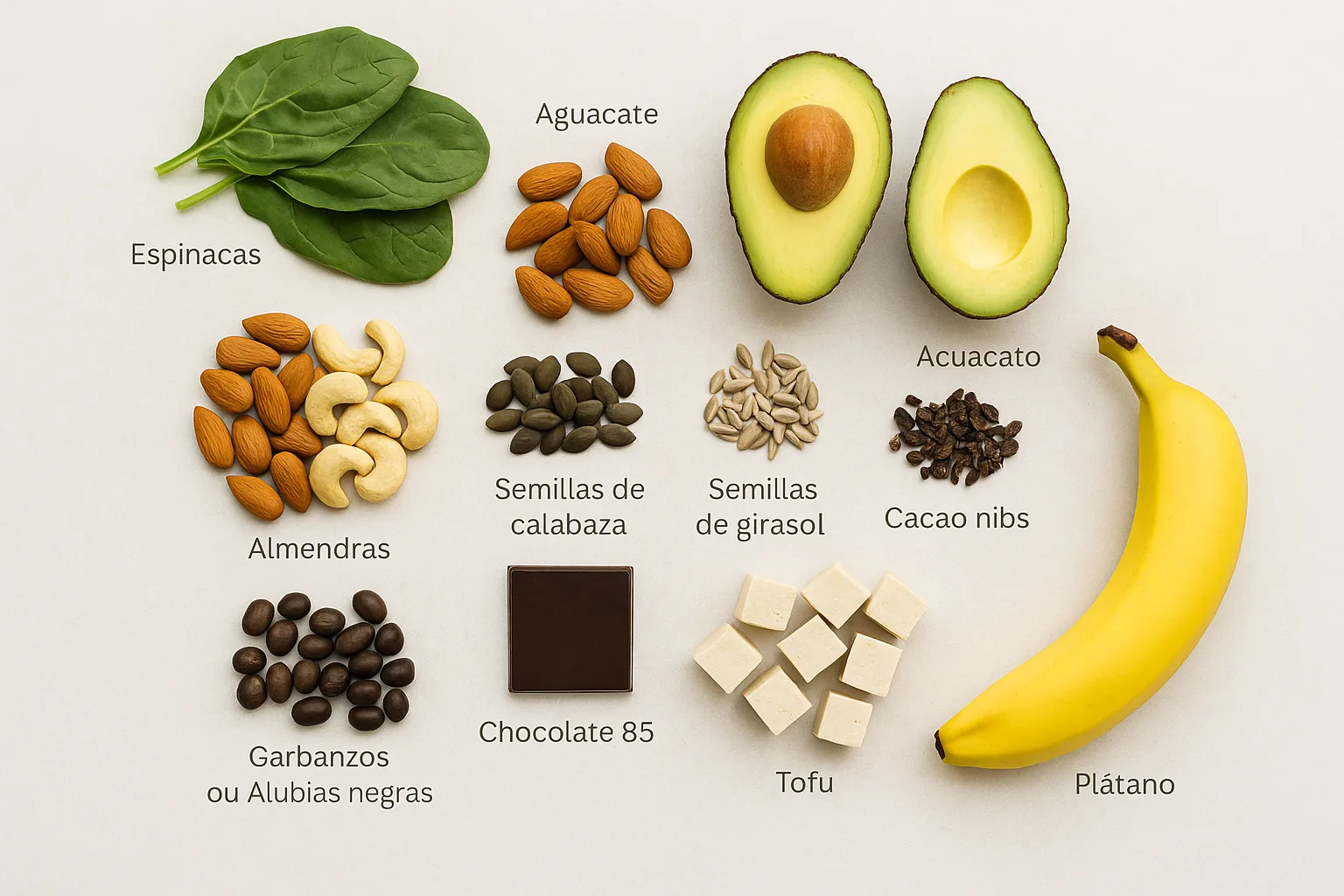 Alimentos ricos en magnesio como aguacate, espinacas y frutos secos